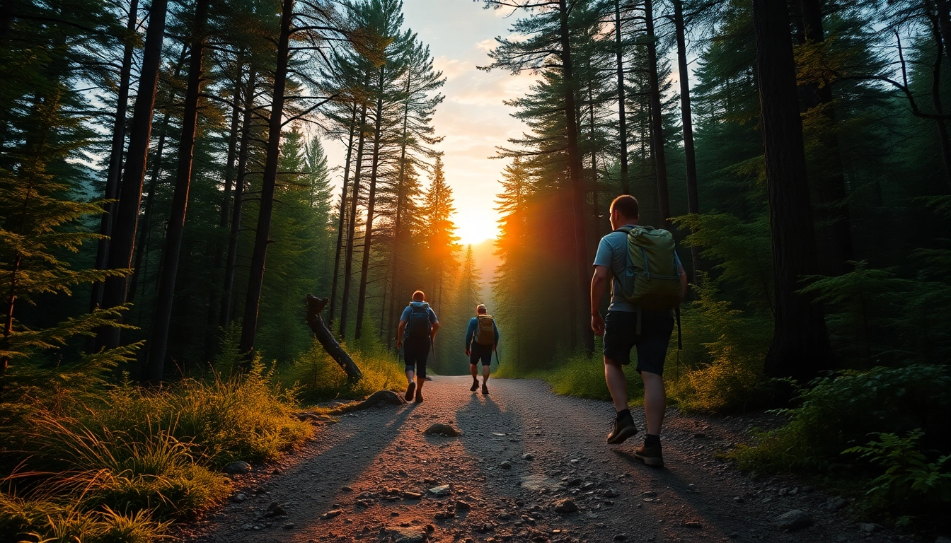 Hiking in a lush forest with hikers tackling a scenic trail, showcasing outdoor adventure and natural beauty.