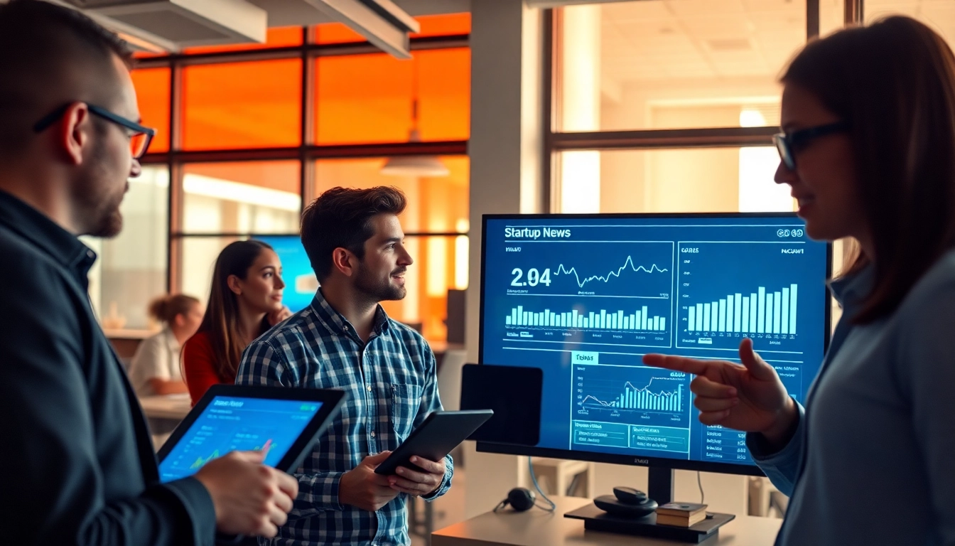 Tech entrepreneurs reviewing Technology Startup News on digital screens in a modern workspace